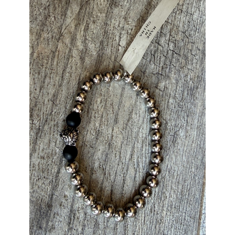 Lion Head Beaded Stretch Bracelet Jewelry Metal‎ Black Silver Tone Polished Goth
